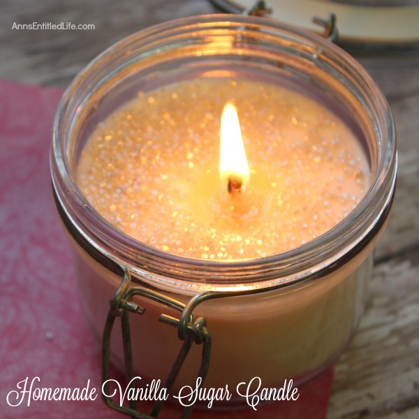 Homemade Vanilla Sugar Candle. This easy to make homemade vanilla sugar candle is really sweet! The sugar makes for a beautiful glistening look. This candle uses a vanilla scent but is can be customized using another scent you might like.  Candle making is easier than you think! Get started using this homemade vanilla sugar candle tutorial.