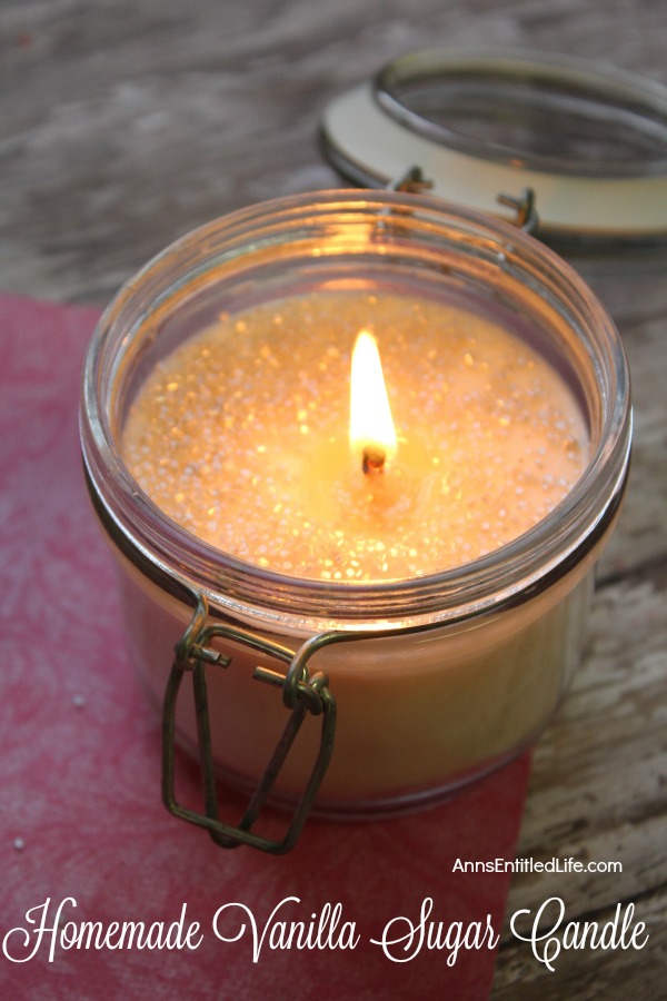Homemade Vanilla Sugar Candle. This easy to make homemade vanilla sugar candle is really sweet! The sugar makes for a beautiful glistening look. This candle uses a vanilla scent but is can be customized using another scent you might like.  Candle making is easier than you think! Get started using this homemade vanilla sugar candle tutorial.