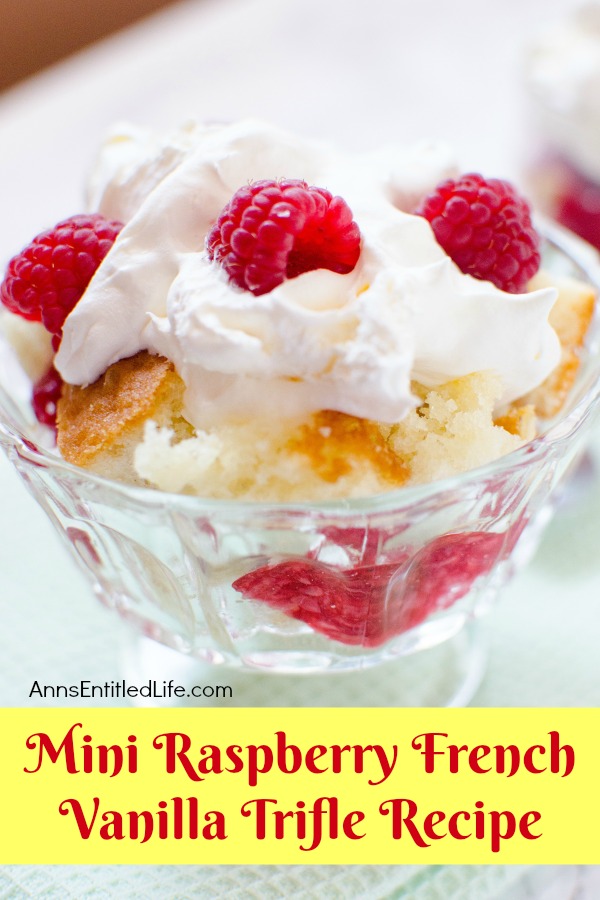 Mini Raspberry French Vanilla Trifle Recipe. Individual, easy to make trifles featuring French vanilla cake and raspberries. Lighter than traditional trifles, these single serve raspberry French vanilla trifle desserts are wonderful any time of year.