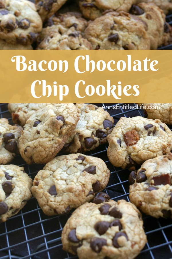 Bacon Chocolate Chip Cookies Recipe. These bacon chocolate chip cookies are fabulous! Easy to make, these bacon cookies would make terrific bacon gifts, snack cookies, dessert cookies or lunchbox treats. If you like bacon, you will love this bacon chocolate chip cookies recipe.
