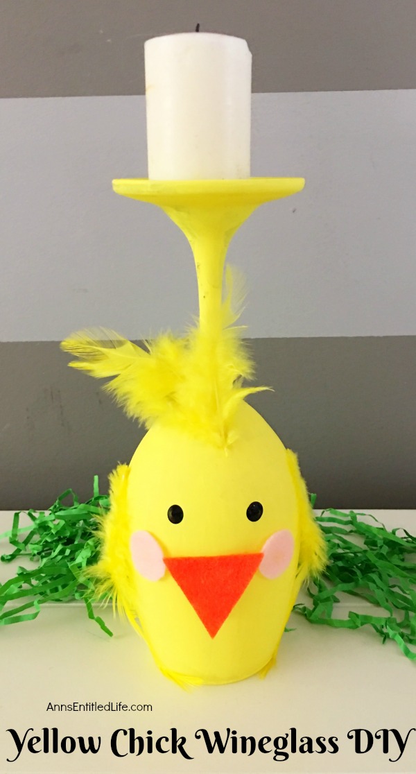 Yellow Chick Wineglass DIY. Make your own adorable Yellow Chick Wineglass. This easy step by step tutorial will show you how to easily make a sweet wineglass chickie which is perfect for a centerpiece, mantel decor or table decorations this Easter or spring! This is an easy to make, delightful spring craft project.