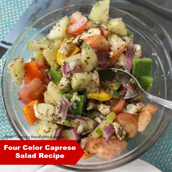 Four Color Caprese Salad Recipe. A lovely, crunchy, tasty take on a traditional Caprese Salad, this Four Color Caprese Salad Recipe is a wonderful side dish with seafood, chicken, pork and more! Simple to make, this Four Color Caprese Salad Recipe is loaded with fresh, crispy, delicious Florida vegetables. Yum! 