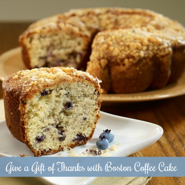 Give a Gift of Thanks with Boston Coffee Cake. Looking for a different way to say thank you? Knowing when and how to thank someone is not as easy as it may seem. People are often uncertain what type of thank you gift is appropriate. Whether you are looking for a special way to say thank you, need a gift for a housewarming, or would simply like to show appreciation for a kindness done, a Boston Coffee Cake is the perfect way to express your gratitude.