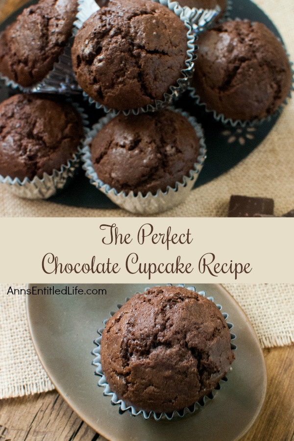 An overhead view of one chocolate cupcake on a grey plate. Above that, a blue plate is filled with chocolate cupcakes.