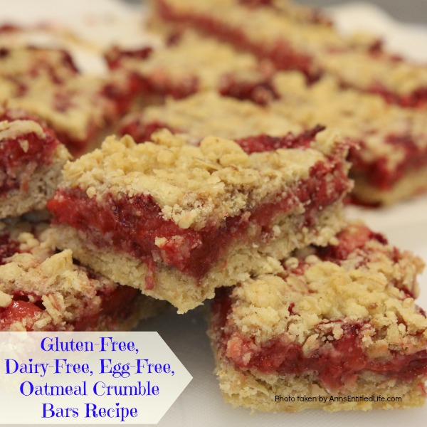 Gluten-Free, Dairy-Free, Egg-Free, Oatmeal Crumble Bars Recipe. Bursting with fresh fruit goodness, these Gluten-Free, Dairy-Free, Egg-Free, Oatmeal Crumble Bars taste fabulous. If you are looking for an easy to make gluten-free, dairy-free, egg-free dessert that is also delicious, this is the recipe for you!