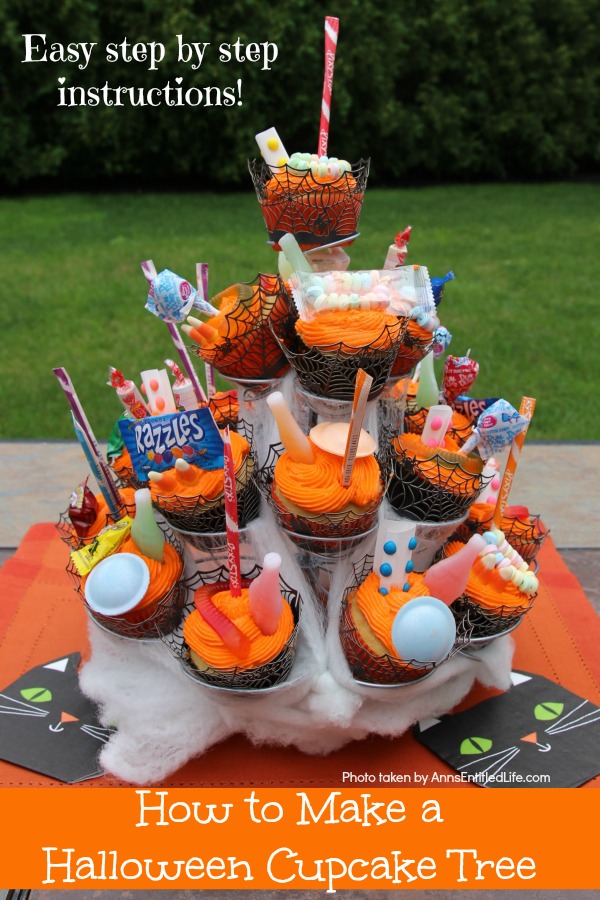 How to Make a Halloween Cupcake Tree. This simple step by step tutorial will help you put together this wonderful Halloween sweet display. Highly customizable to match your Halloween theme, this cupcake tree will be a big hit at your Halloween party!