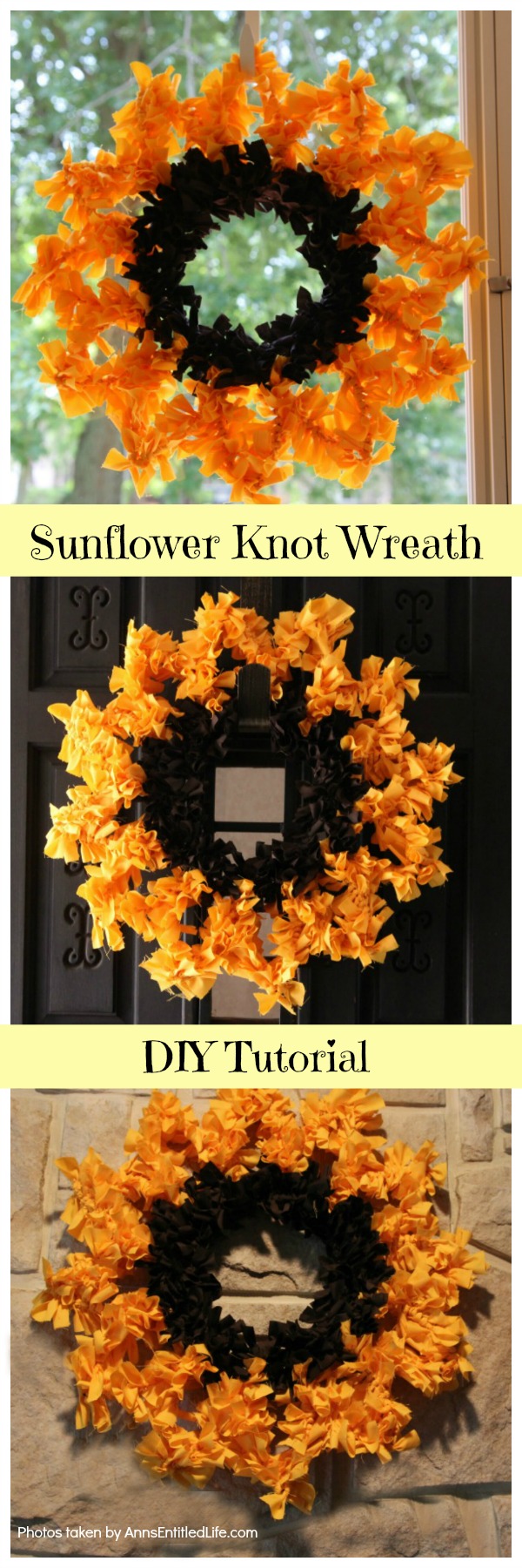 3 images of a sunflower wreath, the top image is against a screen door with a leaves in the background, middle image against a dark brown door, bottom image against a stone fireplace