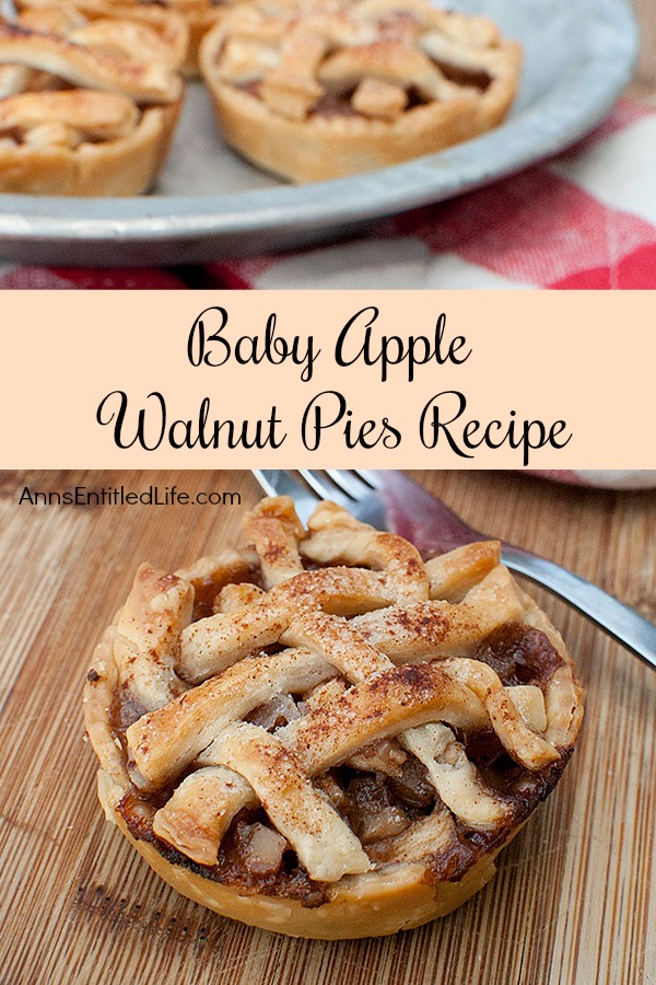 Baby Apple Walnut Pies Recipe. These simple, six-ingredient, baby apple walnut pies are fabulous! Easy to make, these Baby Apple Walnut Pies will impress your friends and family. A wonderful fall or winter dessert, these baby pies are a wonderful sweet treat.