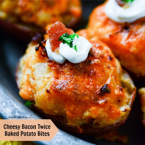 Cheesy Bacon Twice Baked Potato Bites Recipe. A delicious homemade appetizer your friends and family are sure to love! These Cheesy Bacon Twice Baked Potato Bites can also be adapted to a side dish, perfect for a holiday or family dinner.