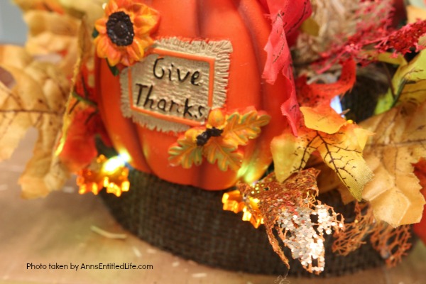 Dollar Store Craft: Lighted Thanksgiving Centerpiece. This lighted Thanksgiving centerpiece can be made with basics found at your local dollar store. If you are looking for an inexpensive, yet beautiful craft, you can make this lighted Thanksgiving centerpiece in about 30 minutes with these step-by-step instructions.