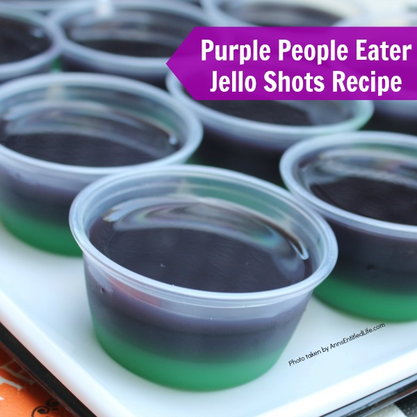Purple People Eater Jello Shots Recipe. This Purple People Eater Jello Shot recipe is a taste of Halloween in a party shot! Simple to make, these Purple People Eater Jello Shots are great for parties, tailgating, and more!