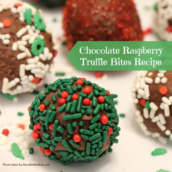 Chocolate Raspberry Truffle Bites Recipe. These simple to make chocolate truffles come with a fun raspberry surprise inside! A fun addition to your holiday cookie platter, this Chocolate Raspberry Truffle Bites Recipe is truly tasty.