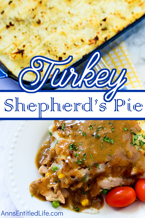 A serving of turkey Shepard pie covered in gravy on a white plate, the remaining pie is in a pan in the upper left. A yellow checked dishtowel rests underneath the baking pan.
