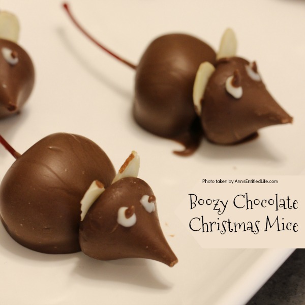 Boozy Chocolate Christmas Mice. These Manhattan-inspired (that is the cocktail, not the place) boozy chocolate Christmas mice are fun and tasty. Place a few to nibble along your Christmas cookie platters!