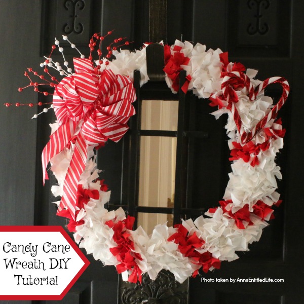 Candy Cane Wreath DIY Tutorial. Make your own no-sew Candy Cane using these easy step by step instructions. This cute holiday decor is perfect for Christmas, Valentine's Day, or any day! Simple and inexpensive to make, this easy Candy Cane Wreath DIY Tutorial will show you how to add a marvelous touch of whimsy to your holiday decor.