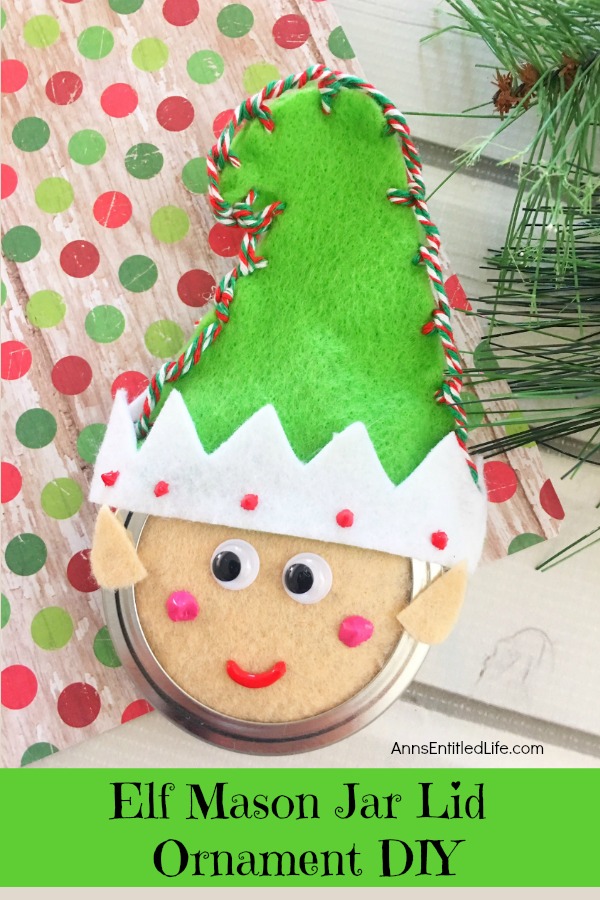 Elf Mason Jar Lid Ornament DIY. This easy to make Elf Mason jar lid ornament is simply adorable. This step by step tutorial has easy to follow directions so you can make one for your tree, to give as a gift, or to place on top of a present as a little something extra.