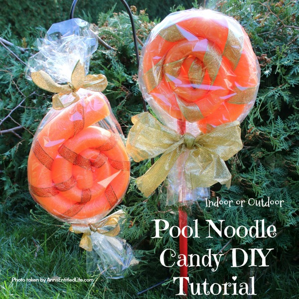 Pool Noodle Candy DIY Tutorial. This is a fast and easy to make 15 minute craft, perfect for indoor or outdoor holiday decorating. These low-cost pool noodle candy can be made in any color, so fully customizable to match your decorating theme!