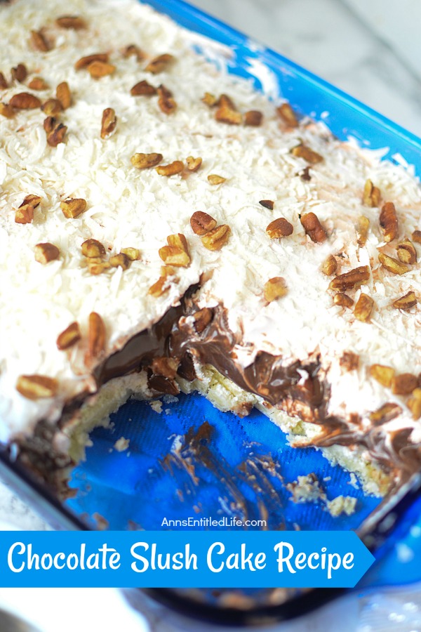 Chocolate slush cake in a blue pan with a piece removed.