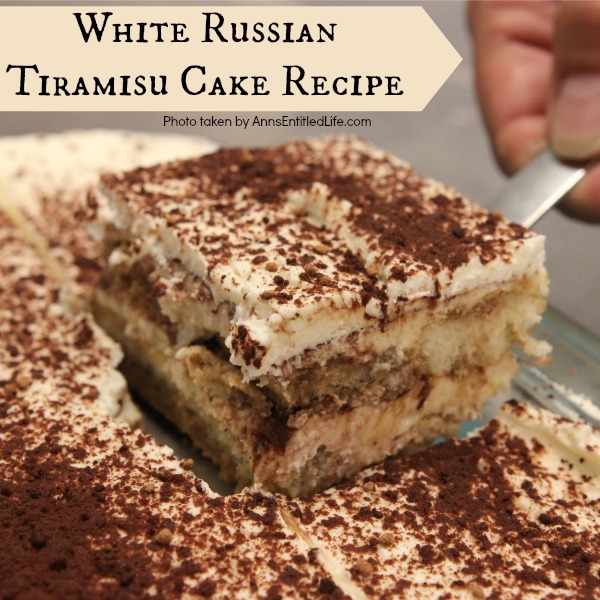 White Russian Tiramisu Cake Recipe. This no-egg, no-cooking, tiramisu recipe comes together quickly. It can be served immediately, or made the day before your special event or dinner. The melt-in-your mouth creamy, rich, coffee-cocoa goodness of this white Russian tiramisu will have your friends and family asking for seconds!