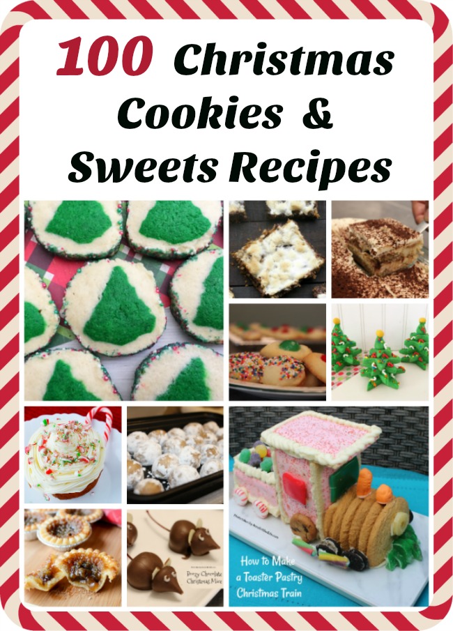 A collage of Christmas cookies and sweets surrounded by a candy cane wrapper.