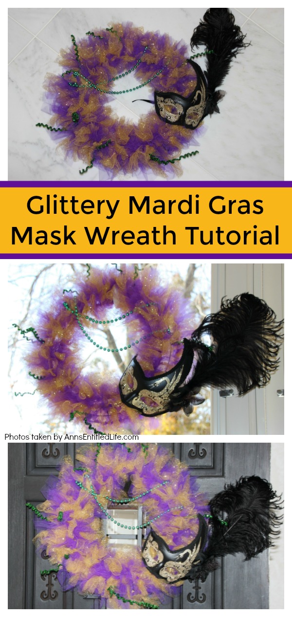 glittery purple, green, and gold Mardi Gras wreath with a black mask on the right, hanging on a door. Three different doors (white, storm, dark) are used to show the mardi gras wreath in different lighting and coloring situations.