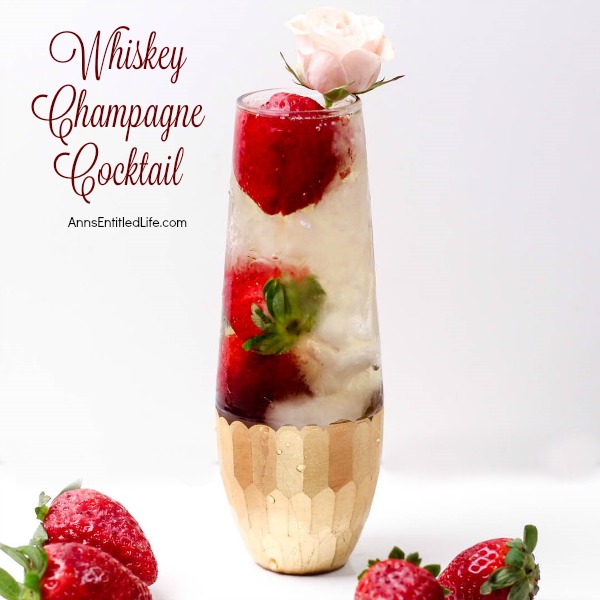 Whiskey Champagne Cocktail. A delightful adult libation, perfect for celebrations, romantic dinners, or when simply when you would like to share a cocktail with a special someone. This Whiskey Champagne Cocktail is easy to make, and oh so delicious!