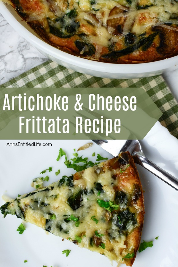 artichoke and cheese frittata in white baking dish