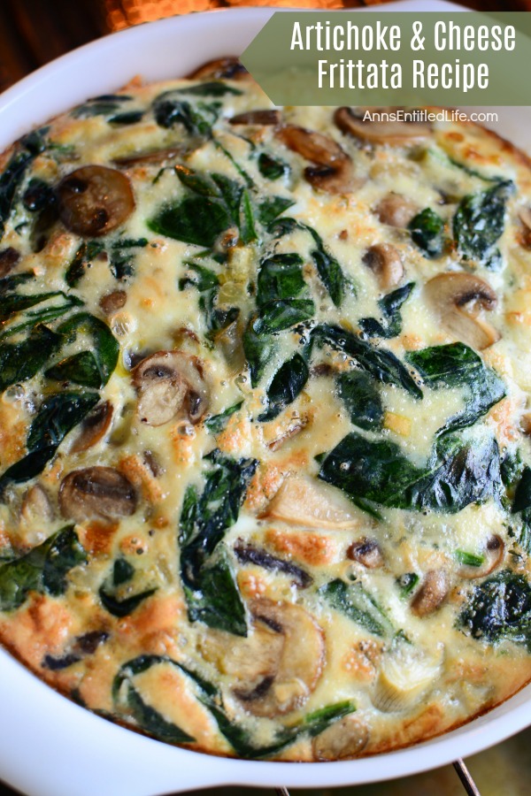 artichoke and cheese frittata in white baking dish