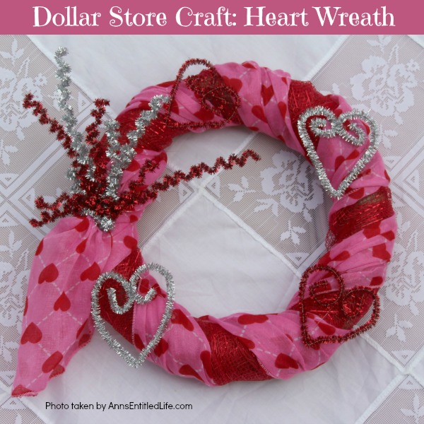 Dollar Store Craft: Heart Wreath. This simple to make heart wreath is made using dollar store finds. It comes together in under 15 minutes, and it a wonderful, inexpensive heart décor. Perfect for Valentine’s Day, Sweetest Day, or any occasion where heart décor is wanted.