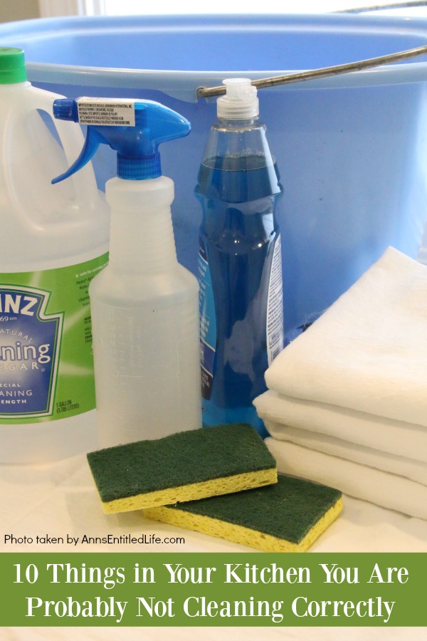 cleaning supplies and blue bucket on a white surface