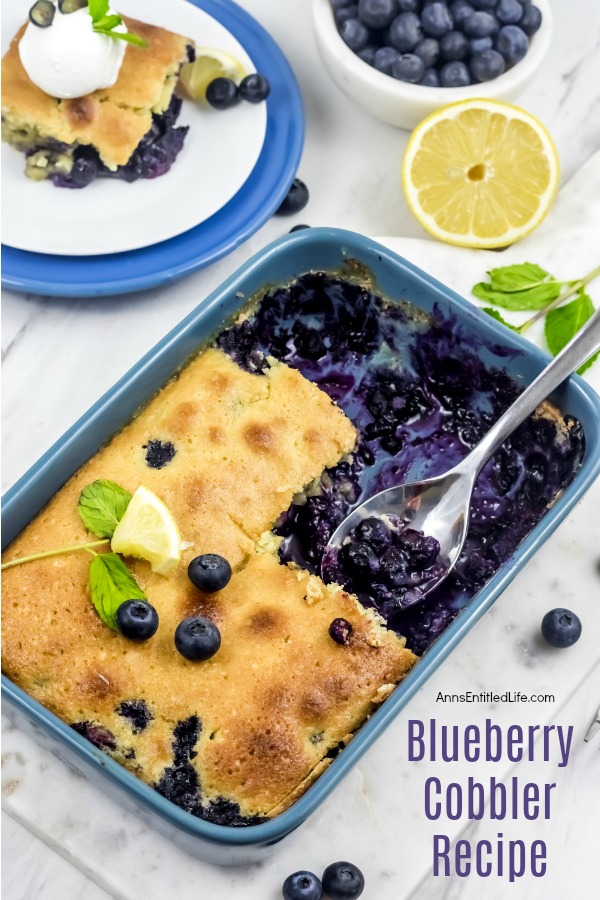 dish of blueberry cobbler, plated blueberry cobbler, and bowl of blueberries
