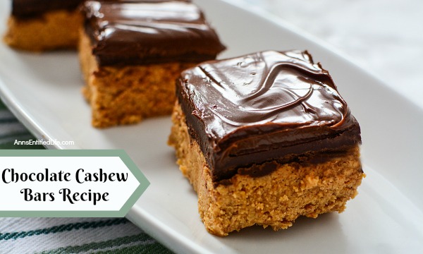 Chocolate Cashew Bars. A delicious, satisfying, chocolate cashew bar that holds up for days after you make them. These taste like chocolate bars, and are amazingly good! Cut them thick or thin, they are a great lunch-box, or anytime, snack.