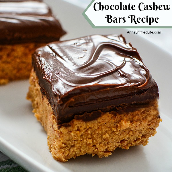 Chocolate Cashew Bars. A delicious, satisfying, chocolate cashew bar that holds up for days after you make them. These taste like chocolate bars, and are amazingly good! Cut them thick or thin, they are a great lunch-box, or anytime, snack.