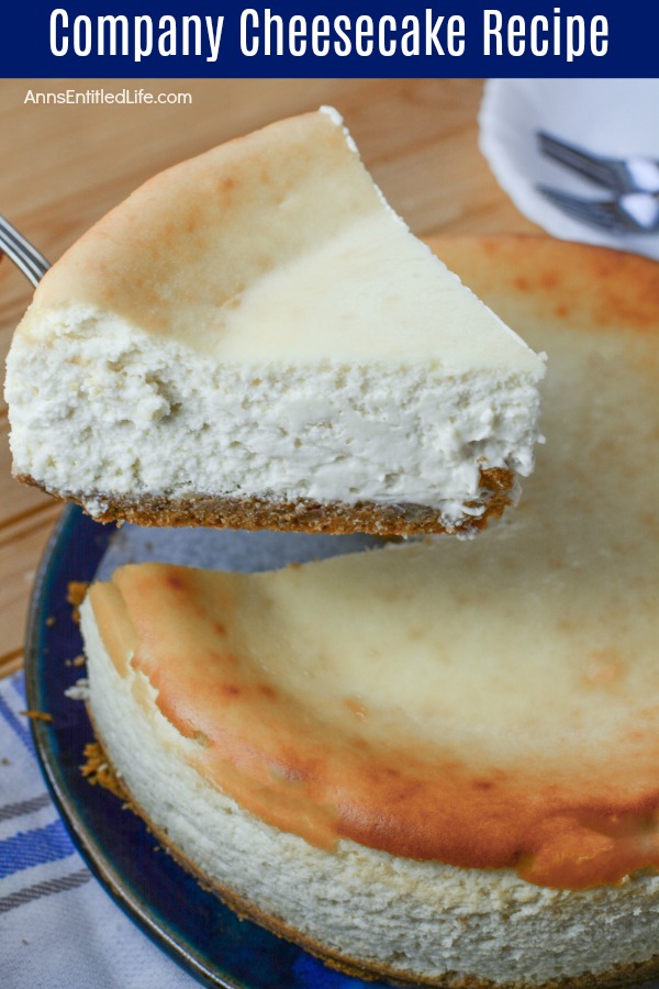 A lifted piece of comapny cheesecake is on a pie lift. The remaining cheesecake is underneath on a blue earthenwear dish. This sits ontop of a blue and white dishtowel.