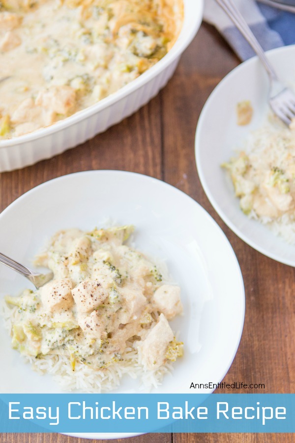 chicken bake in white servings bowl and on white plate with a fork, on a brown board