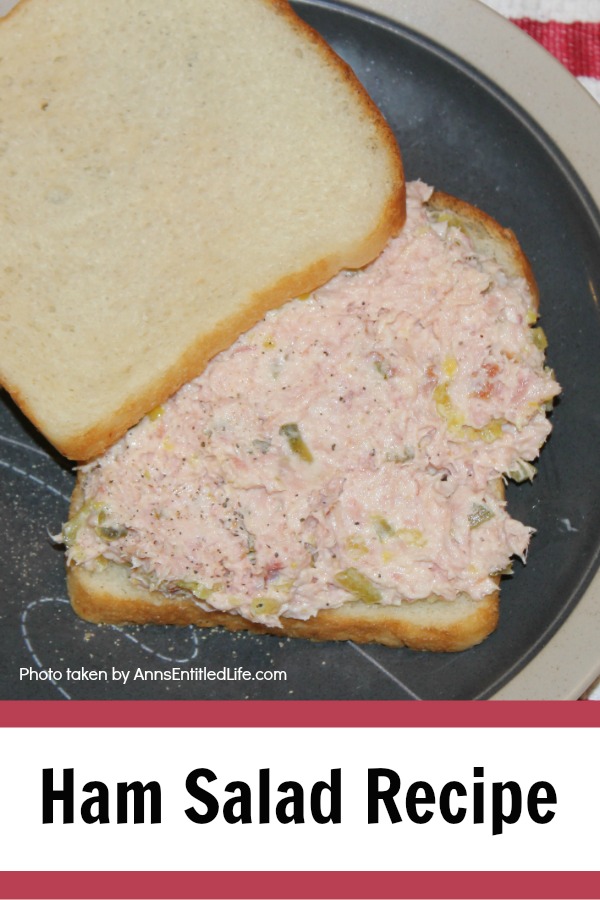 ham salad on white bread on a gray plate on top of red and white dishtowel