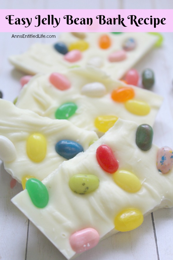 white chocolate bark with jelly beans on a white board