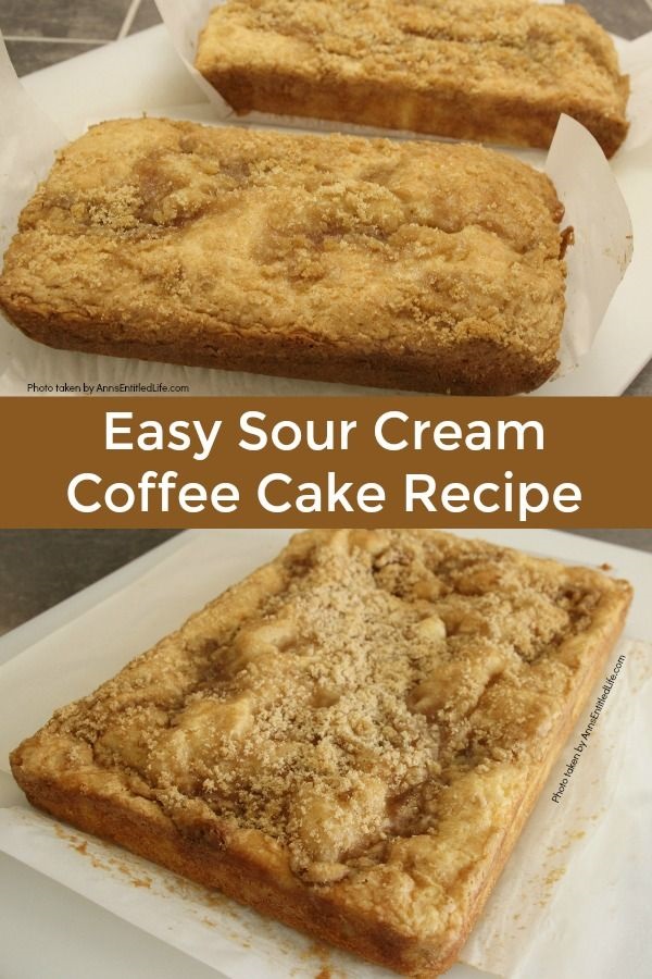 Easy Sour Cream Coffee Cake Recipe. This coffee cake is a moist, delicious, and simple to make recipe your friends and family will love. Make a large coffee cake for a big gathering, or divide the easy sour cream coffee cake recipe into two loaf pans – one to eat now, one to freeze for later. This wonderful sour cream coffee cake recipe is a great dessert, or early morning breakfast.