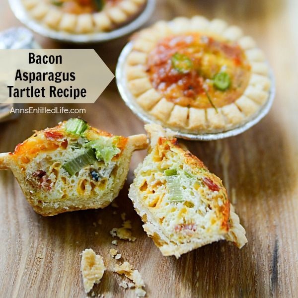 Bacon Asparagus Tartlet Recipe. Ready in no time flat, these simple to prepare Bacon Asparagus Tartlet appetizers are just what your next party needs! Whether you serve as a snack or hors d'oeuvre, this bacon asparagus tartlet recipe is a great addition to any gathering or celebration. From showers to wedding recipes to game day parties, these delicious little appetizers are sure to please your friends and family alike. Yum!