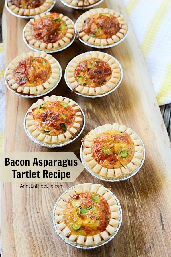 Bacon Asparagus Tartlet Recipe. Ready in no time flat, these simple to prepare Bacon Asparagus Tartlet appetizers are just what your next party needs! Whether you serve as a snack or hors d'oeuvre, this bacon asparagus tartlet recipe is a great addition to any gathering or celebration. From showers to wedding recipes to game day parties, these delicious little appetizers are sure to please your friends and family alike. Yum!