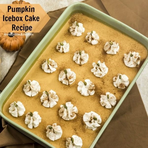 Pumpkin Icebox Cake Recipe. This Pumpkin Icebox Cake recipe tastes like pumpkin pie. The Pumpkin Icebox Cake gets better the longer it sets in your refrigerator, so it is a great recipe to make a day or two in advance of a big function.