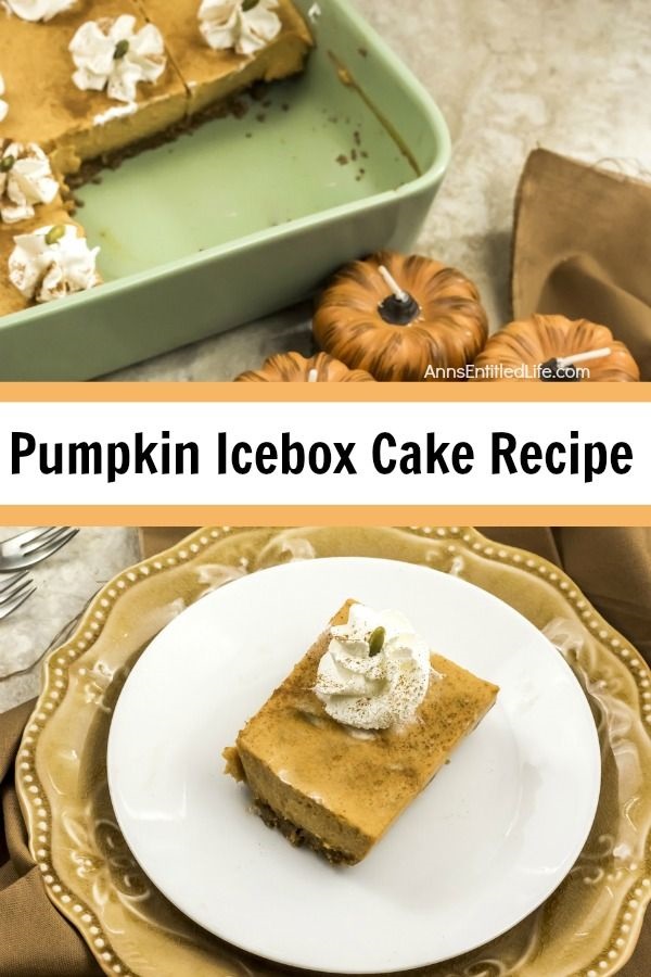 A piece of icebox pumpkin pie is ona white plate with a gold charge beneath it. The rest of the pumpkin icebox cake is in the pan in the upper left.