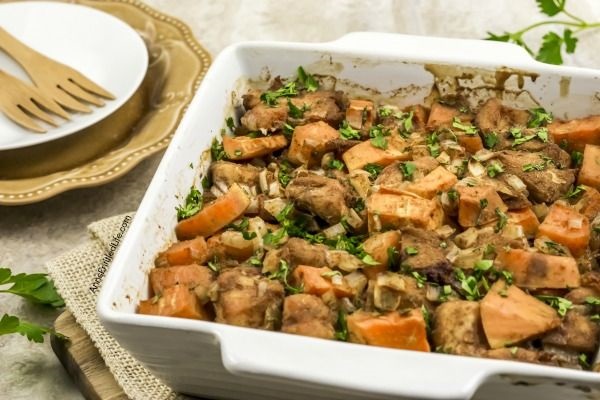 Spicy Chicken and Sweet Potato Bake Recipe. This fabulous chicken and sweet potato recipe is an easy, healthy recipe for dinner. Simple to make, it is also a great healthy freezer meal recipe, so make two - one to serve for dinner tonight, and one to freeze for later. This delicious spicy chicken and sweet potato bake recipe is so good; your whole family will want seconds! Yum.