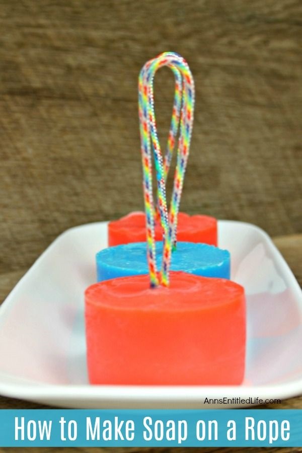 homemade red and blue soap on a rope on a white dish