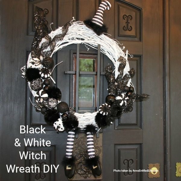 Black and White Witch Wreath DIY. Make your own witch wreath for Halloween this year using these easy step-by-step tutorial instructions. This monochromatic black and white witch's door decor wreath is simple to make, and look oh so elegant. Seriously. Elegant Halloween decor! Who would have thought! Get the straightforward instructions below!