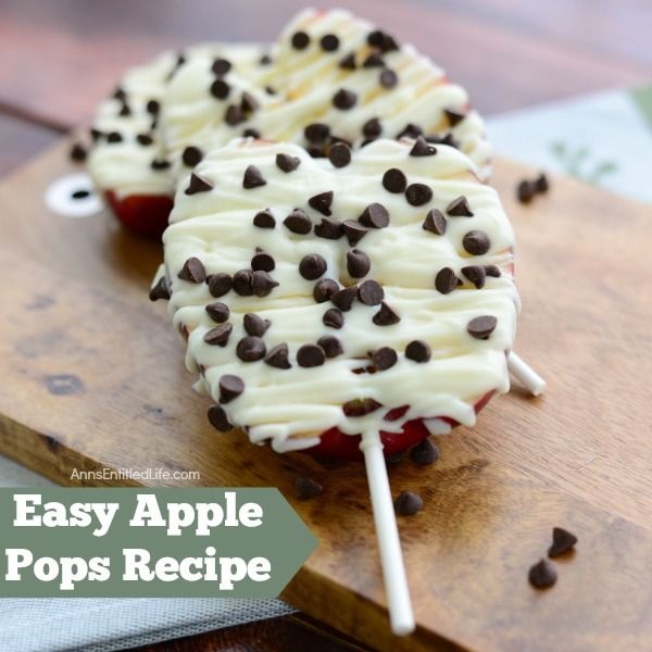 Easy Apple Pops Recipe. This terrific apple recipe is just wonderful. The fabulous combination of apples and chocolate on a stick make for a simple to make, delicious snack, lunchbox treat, or apple dessert for kids and adults alike. Chocolate covered apples - natures nearly perfect food!