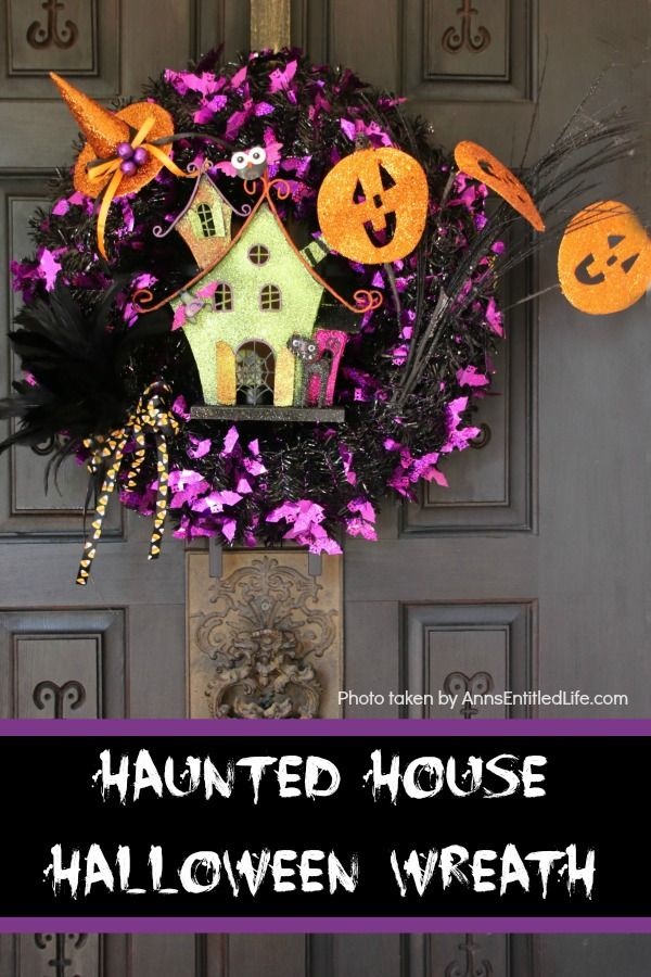 Haunted House Halloween Wreath. This whimsical haunted house Halloween wreath is an easy to put together - truly a 15-minute craft!  If you are looking for simple Halloween wreath ideas, look no further than this fun haunted house Halloween wreath DIY.