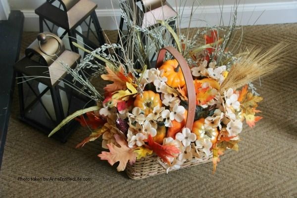 Homemade Bountiful Harvest Basket. Fall is traditionally harvest time. Bring a little of that bountiful harvest indoors with this beautiful fall decorating idea! This easy to make DIY fall decor piece makes a great fall centerpiece, side table decor, or even a floor decoration. Follow these step-by-step tutorial instructions for this beautiful, abundant fall harvest basket to add to autumn decorations.