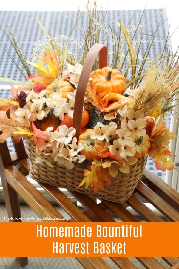 Homemade Bountiful Harvest Basket. Fall is traditionally harvest time. Bring a little of that bountiful harvest indoors with this beautiful fall decorating idea! This easy to make DIY fall decor piece makes a great fall centerpiece, side table decor, or even a floor decoration. Follow these step-by-step tutorial instructions for this beautiful, abundant fall harvest basket to add to autumn decorations.