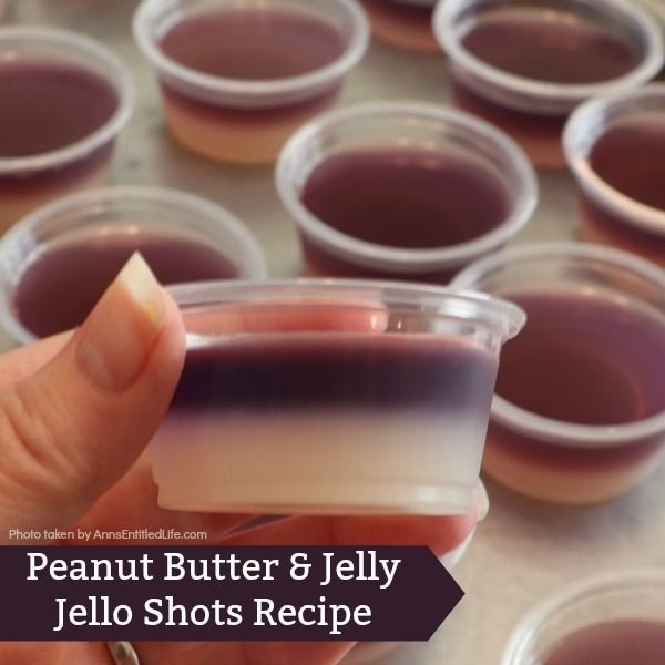 Peanut Butter and Jelly Jello Shots Recipe. This Peanut Butter and Jelly Jello Shots Recipe is the grownup version of your favorite childhood sandwich. If you liked PB&J sandwiches as a kid, you are going to love these PB&J jello shots as an adult. Simple to make, these jello shots are great for parties, tailgating, and more!